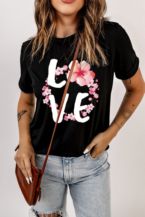 Black Love Cherry Blossoms Graphic Print Short Sleeve T Shirt